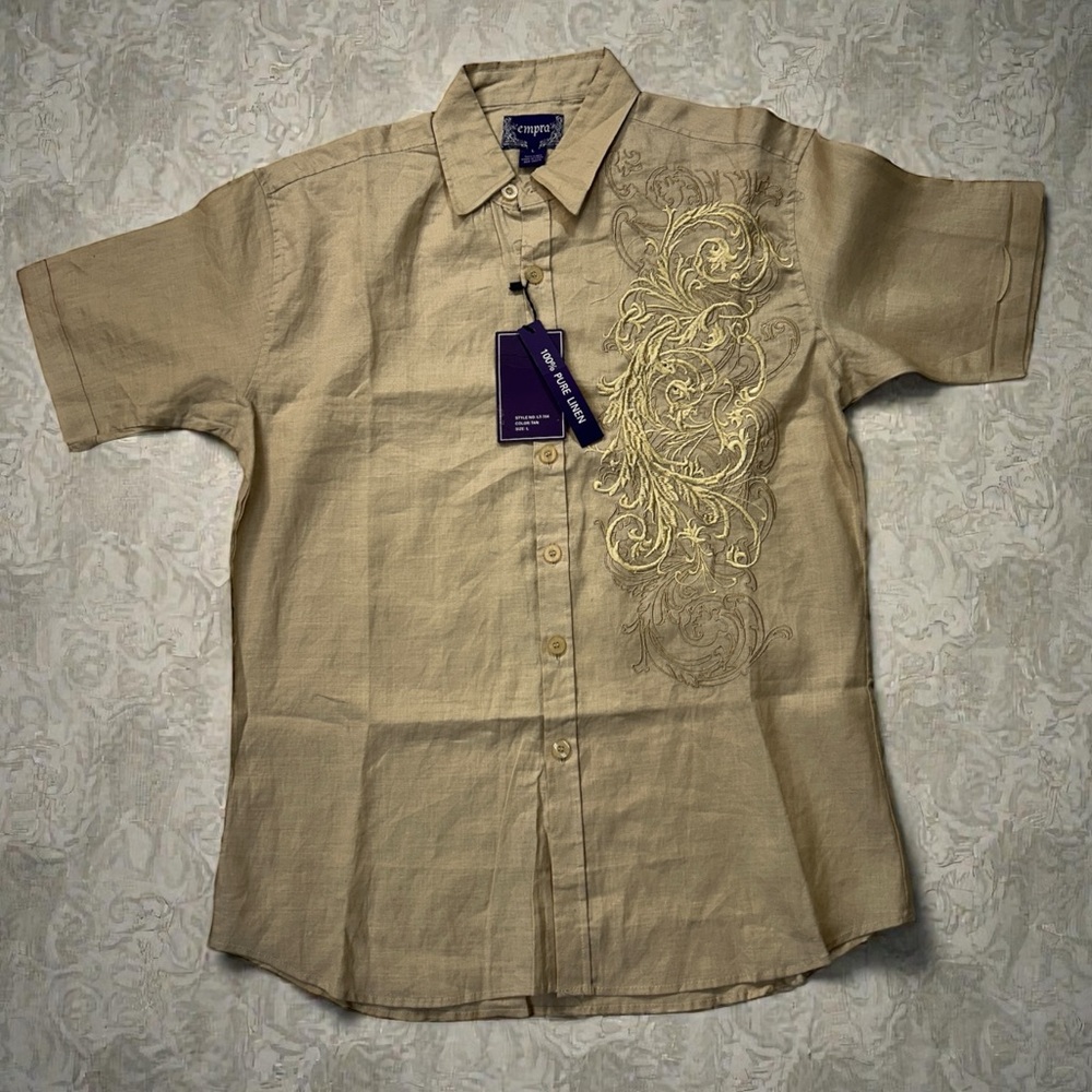 100% pure linen Men's Casual Beige Embroidered Shirt